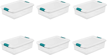 Sterilite 32 Qt. Latch Box Plastic, Stadium Handles Are Teal Color, Set of 6