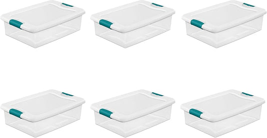 Sterilite 32 Qt. Latch Box Plastic, Stadium Handles Are Teal Color, Set of 6