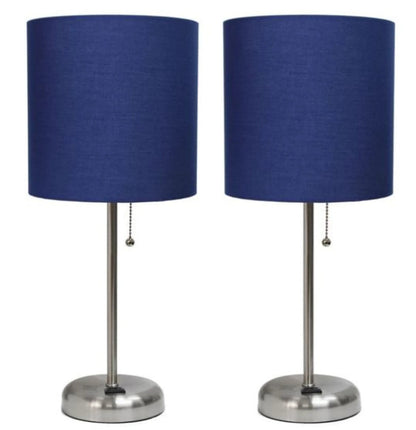 Lime Lights Set of 2 Brushed Steel Table Lamps with Fabric Shades and Charging Outlets