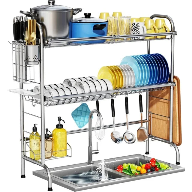 Over The Sink Dish Drying Rack, 2-Tier Stainless Steel Large Over The Sink Dish Rack with Utensil