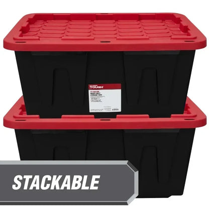 27 Gallon Stackable Snap Lid Plastic Storage Bin Container, Black with Red Lid, Set of 4