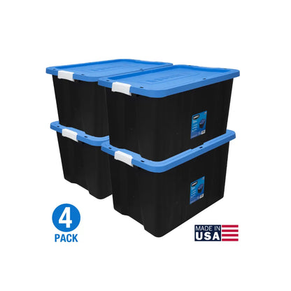 27 Gallon Heavy Duty Latching Plastic Storage Bin Container, Black, Set of 4, Strong and Durable, 28.90 X 20.50 X 16.50 Inches