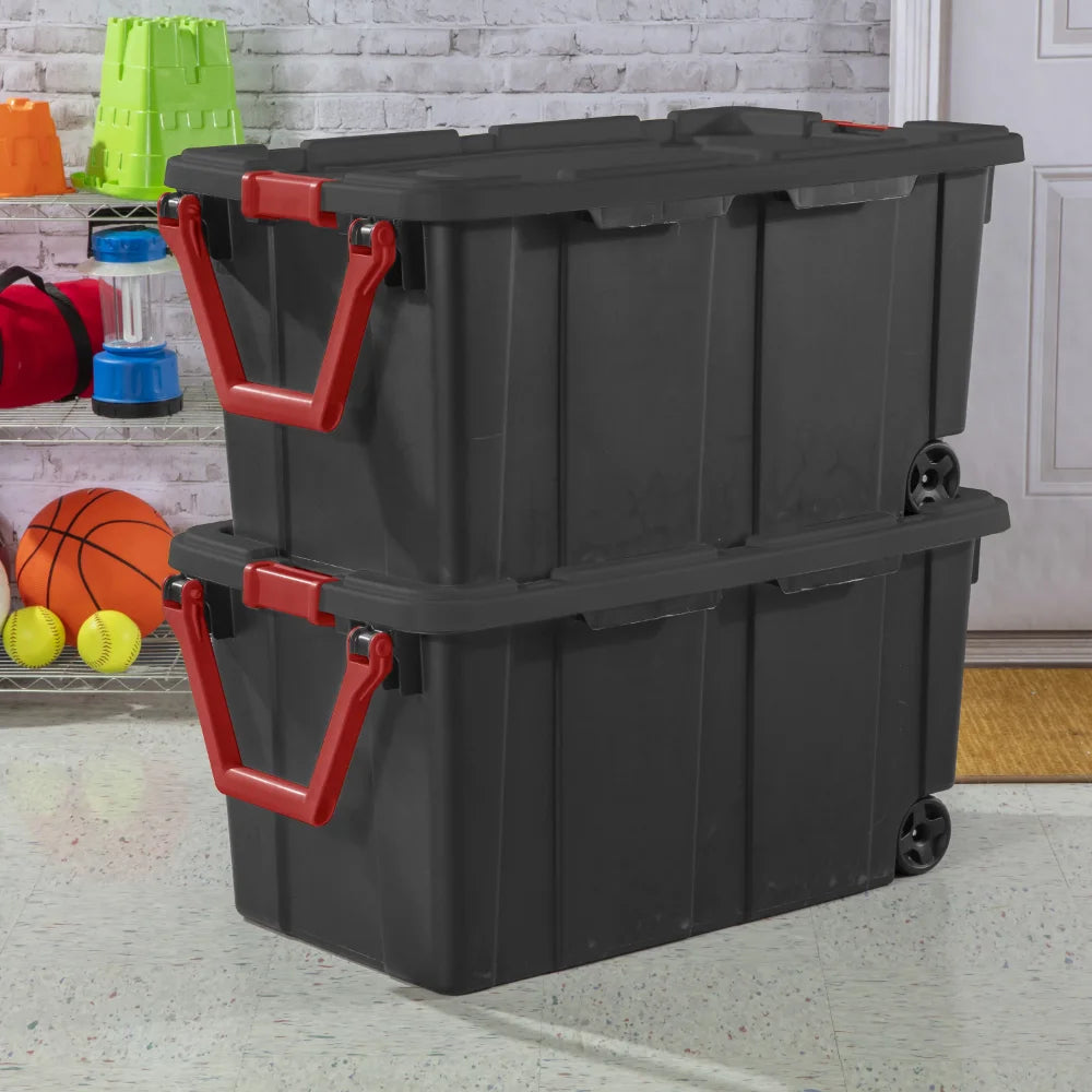 40 Gallon Wheeled Industrial Tote Plastic, Black, Set of 2 storage box boite de rangement