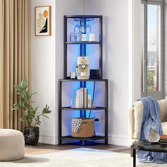 62.3" Tall Corner Shelf with Power Outlets, LED Lights, 5-Tier Corner Bar Cabinet with Glass Holder, Black