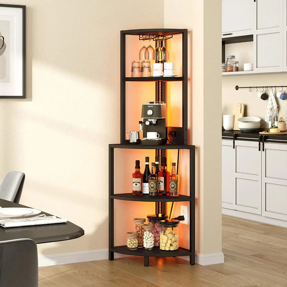 62.3" Tall Corner Shelf with Power Outlets, LED Lights, 5-Tier Corner Bar Cabinet with Glass Holder, Black