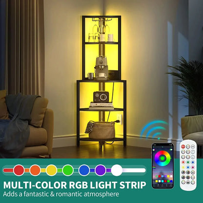 62.3" Tall Corner Shelf with Power Outlets, LED Lights, 5-Tier Corner Bar Cabinet with Glass Holder, Black
