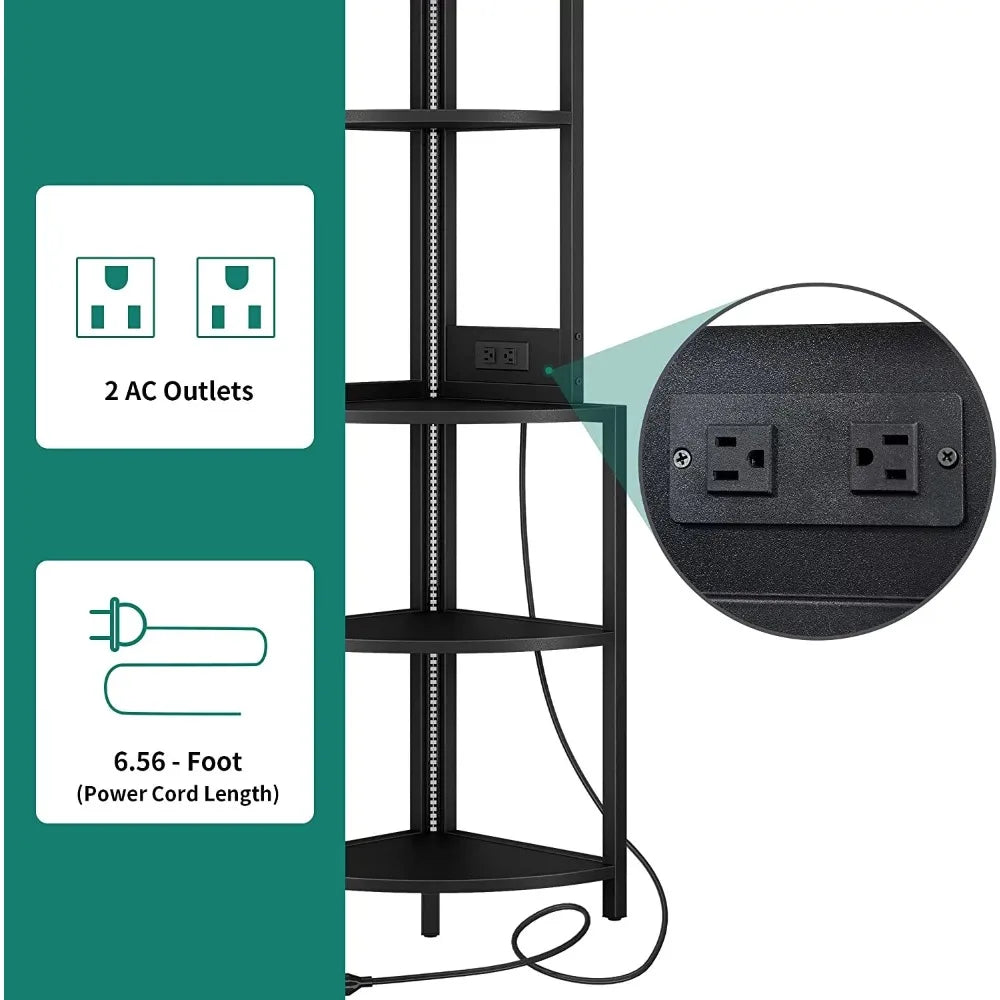 62.3" Tall Corner Shelf with Power Outlets, LED Lights, 5-Tier Corner Bar Cabinet with Glass Holder, Black