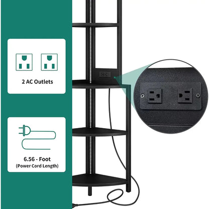 62.3" Tall Corner Shelf with Power Outlets, LED Lights, 5-Tier Corner Bar Cabinet with Glass Holder, Black