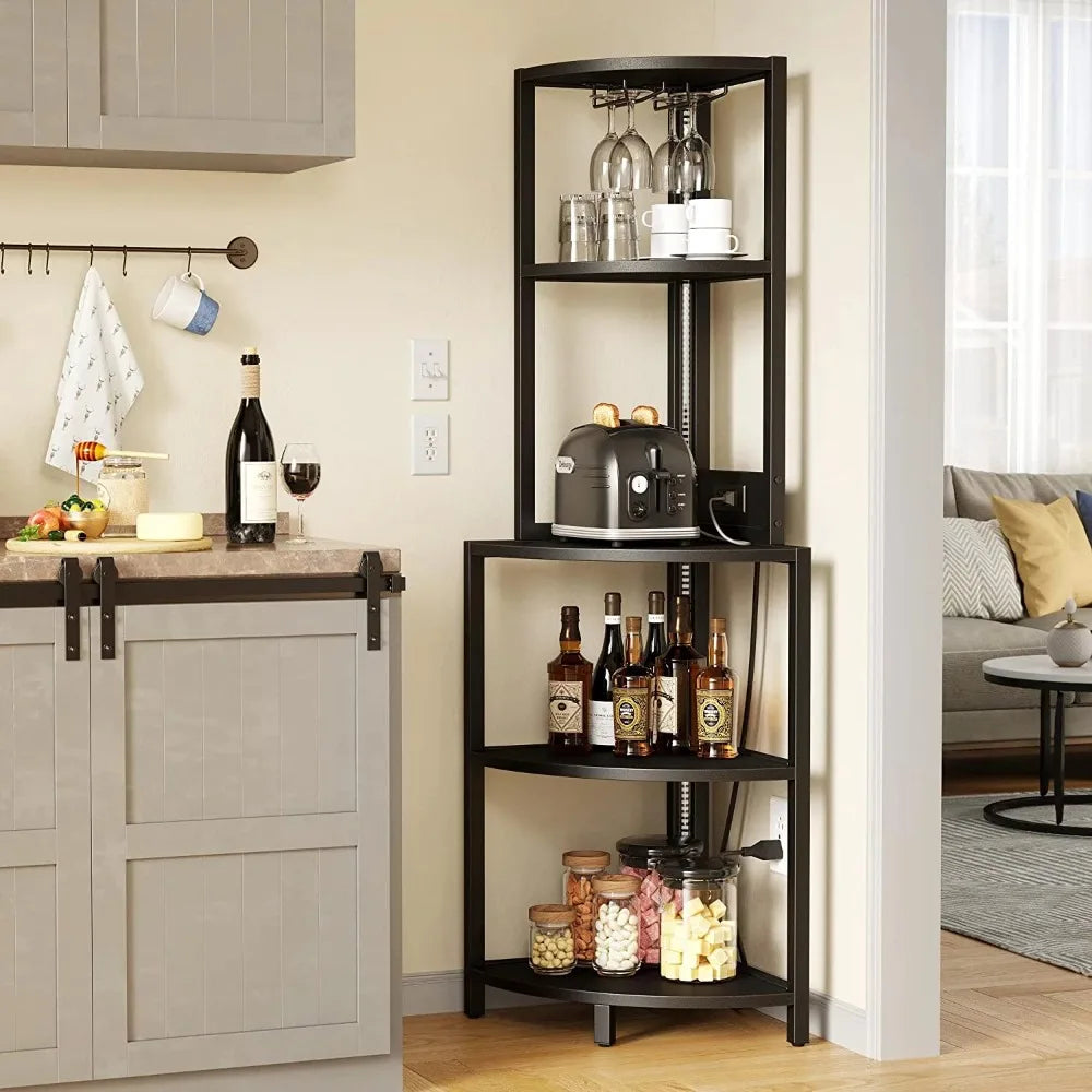 62.3" Tall Corner Shelf with Power Outlets, LED Lights, 5-Tier Corner Bar Cabinet with Glass Holder, Black