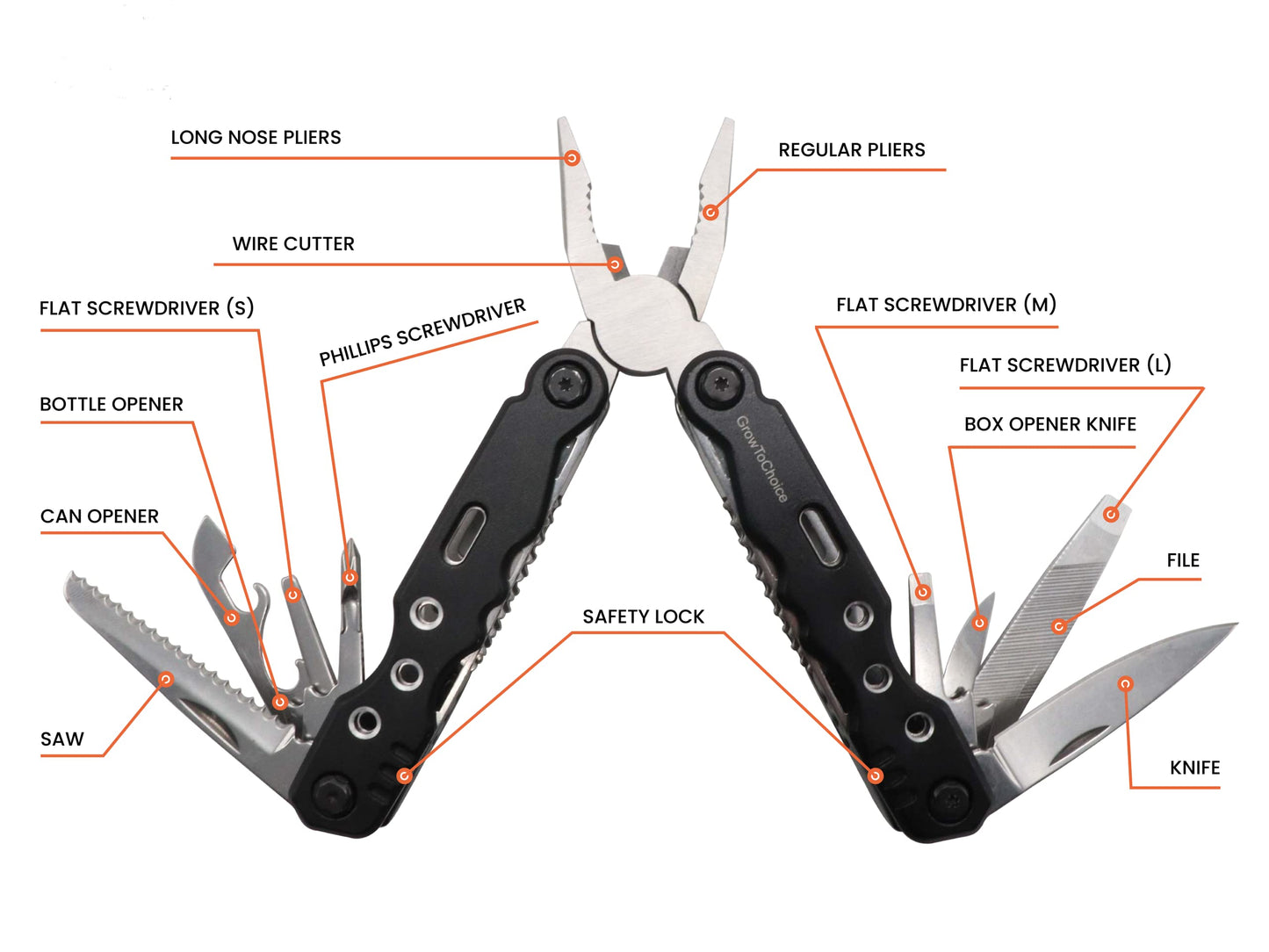 14-In-1 Multitool Pliers Pocket Knife Stainless Steel Swiss Army Knife Camping Accessories - Camping Multi Tool Gifts for Men with Portable Belt Holder Nylon Pouch and Safety Locking Survival Tools