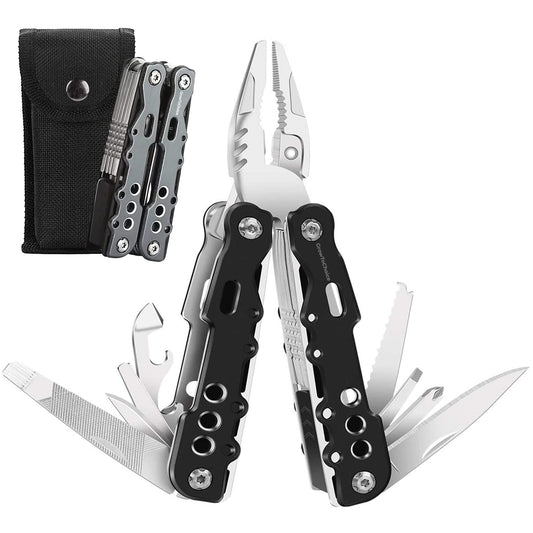 14-In-1 Multitool Pliers Pocket Knife Stainless Steel Swiss Army Knife Camping Accessories - Camping Multi Tool Gifts for Men with Portable Belt Holder Nylon Pouch and Safety Locking Survival Tools