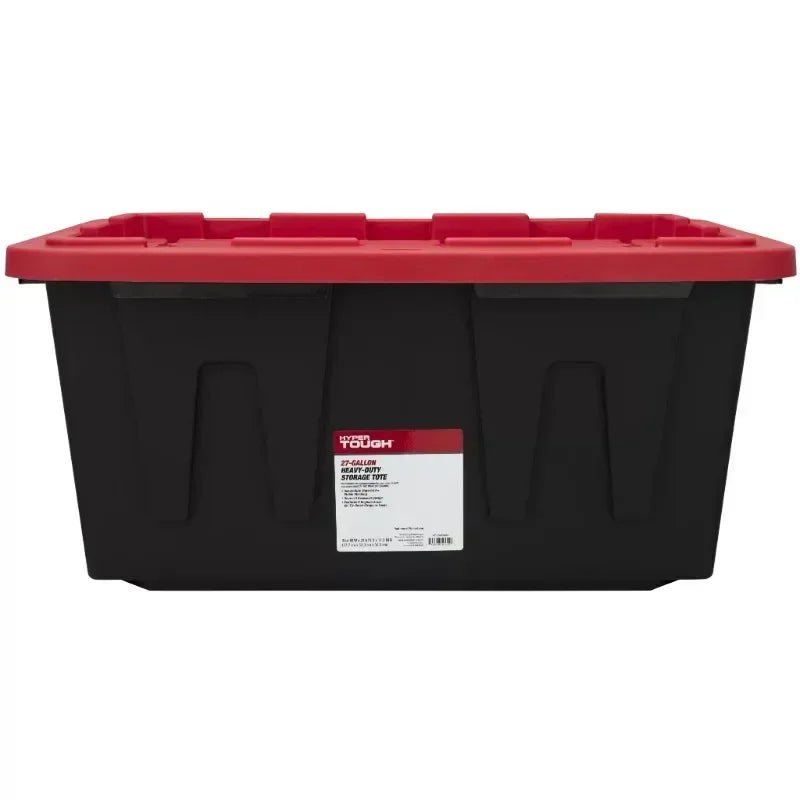 27 Gallon Stackable Snap Lid Plastic Storage Bin Container, Black with Red Lid, Set of 4