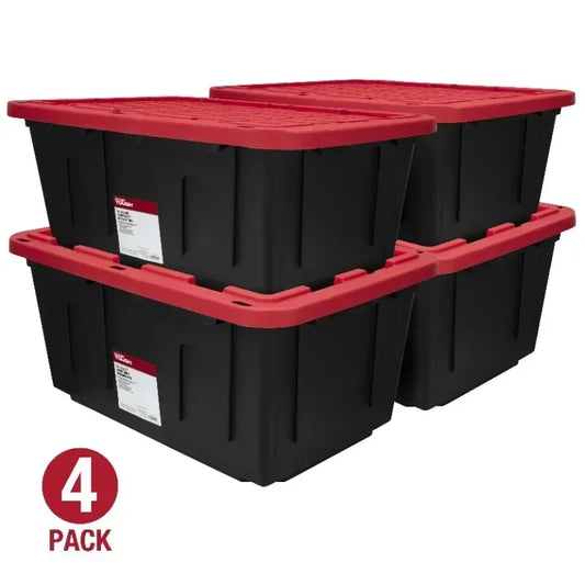 27 Gallon Stackable Snap Lid Plastic Storage Bin Container, Black with Red Lid, Set of 4