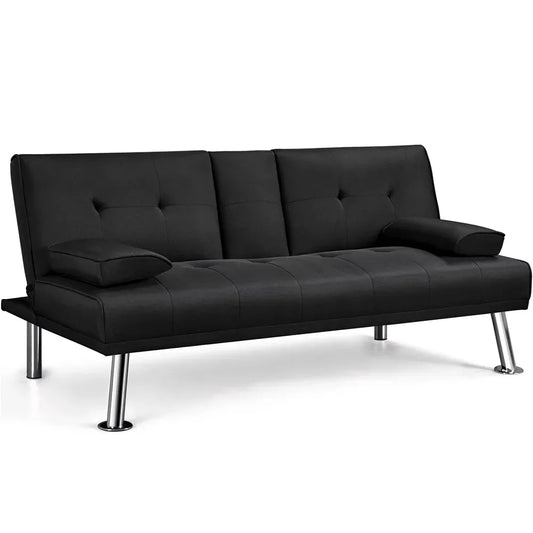 Fashion Modern Fabric Reclining Futon with Cupholders and Pillows, Black Living Room Sofas