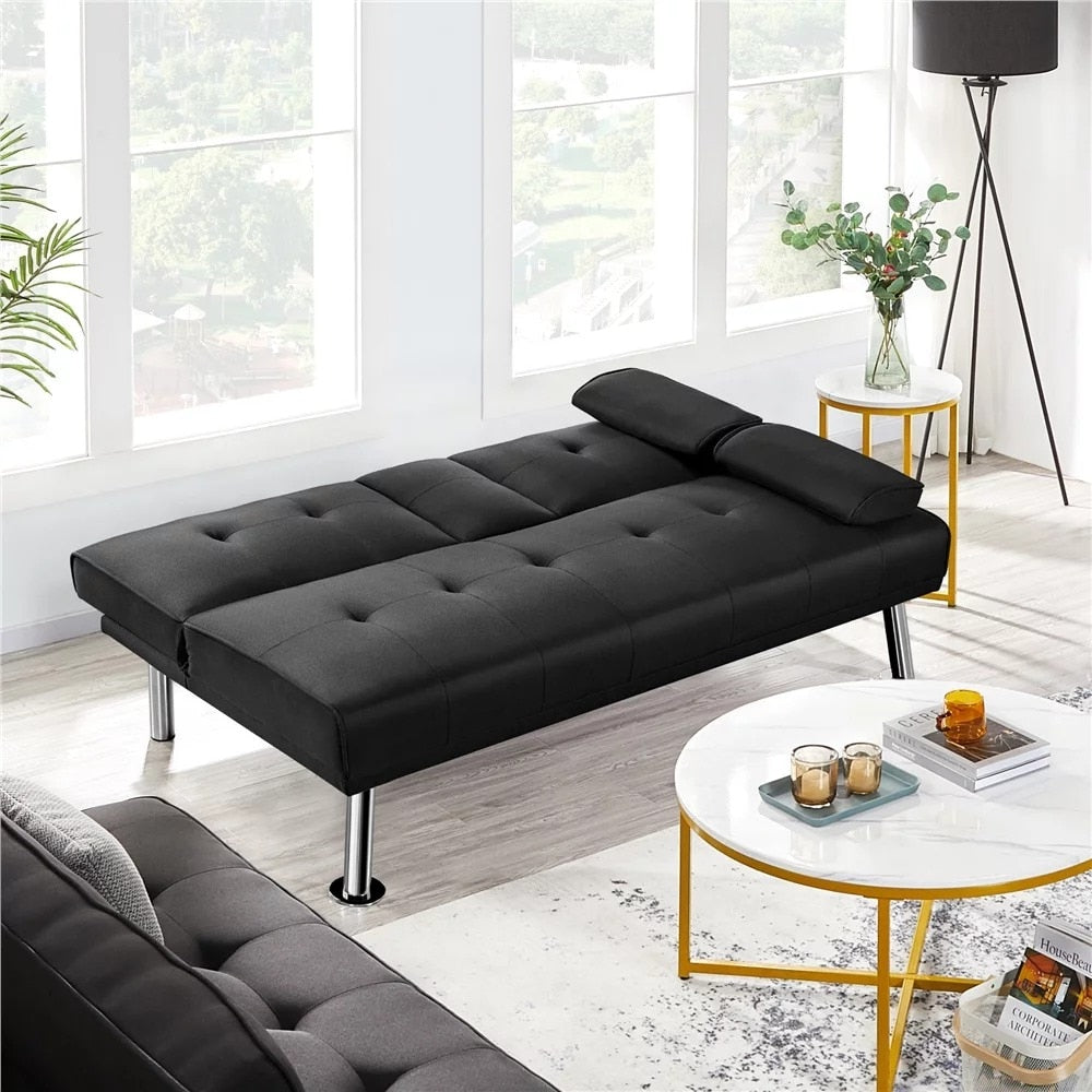 Fashion Modern Fabric Reclining Futon with Cupholders and Pillows, Black Living Room Sofas