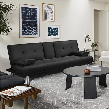 Fashion Modern Fabric Reclining Futon with Cupholders and Pillows, Black Living Room Sofas