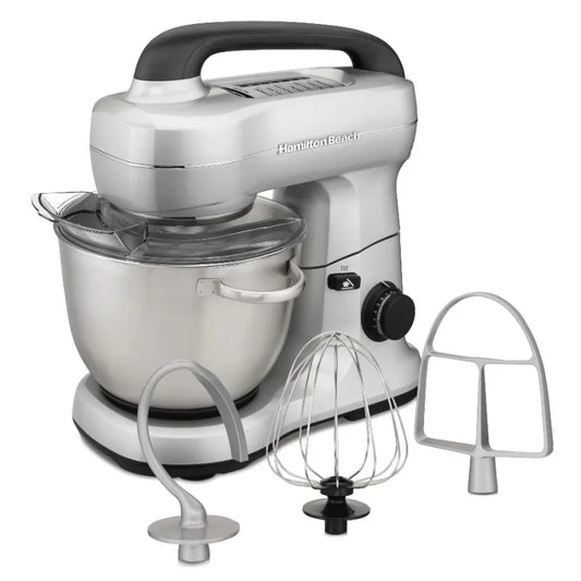 Hamilton Beach Electric Stand Mixer with 4 Quart Stainless Bowl, 7 Speeds, Whisk, Dough Hook, and Flat Beater Attachments,Splash