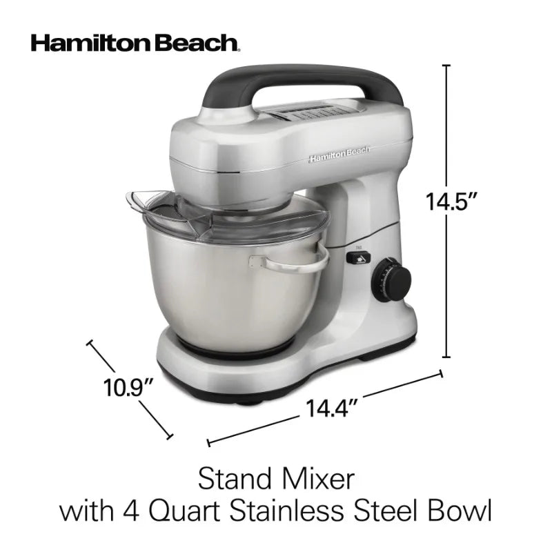 Hamilton Beach Electric Stand Mixer with 4 Quart Stainless Bowl, 7 Speeds, Whisk, Dough Hook, and Flat Beater Attachments,Splash