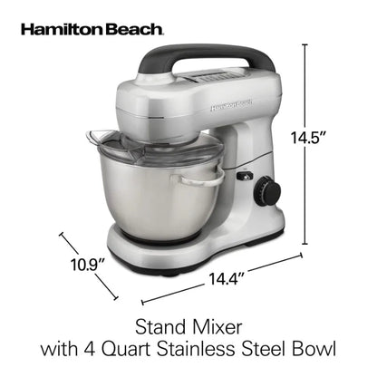 Hamilton Beach Electric Stand Mixer with 4 Quart Stainless Bowl, 7 Speeds, Whisk, Dough Hook, and Flat Beater Attachments,Splash