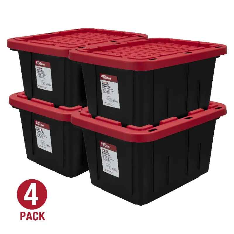 Hyper Tough 12 Gallon Snap Lid Storage Bin Container, Black with Red Lid, Set of 4 storage box