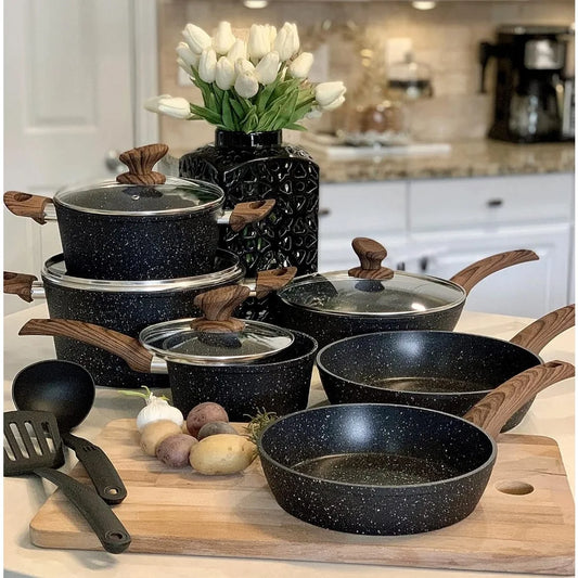Kitchen Academy Induction Cookware Sets - 12 Piece Granite Black Nonstick Cooking Pan Set