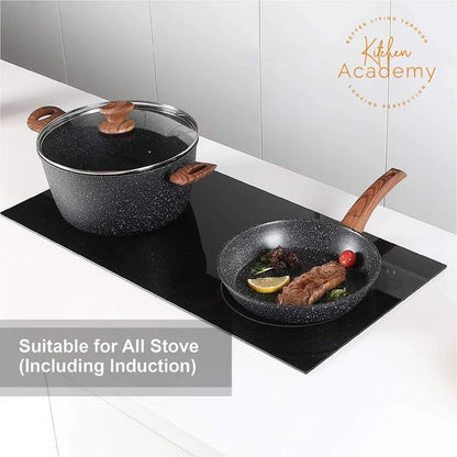 Kitchen Academy Induction Cookware Sets - 12 Piece Granite Black Nonstick Cooking Pan Set