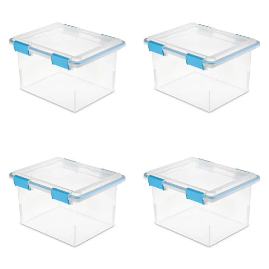 Sterilite 32 Quart Gasket Box - Clear Base and Lid, Blue Aquarium (Set of 4)