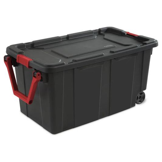 Sterilite 40 Gallon Wheeled Industrial Tote Plastic, Clear/Purple Or/Black/Red