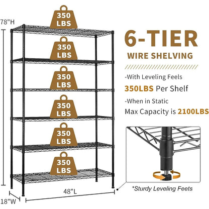 6-Tier Wire Shelving Unit Capacity Adjustable Storage Shelves Heavy Duty Storage Rack with Wheels NSF Metal Shelf