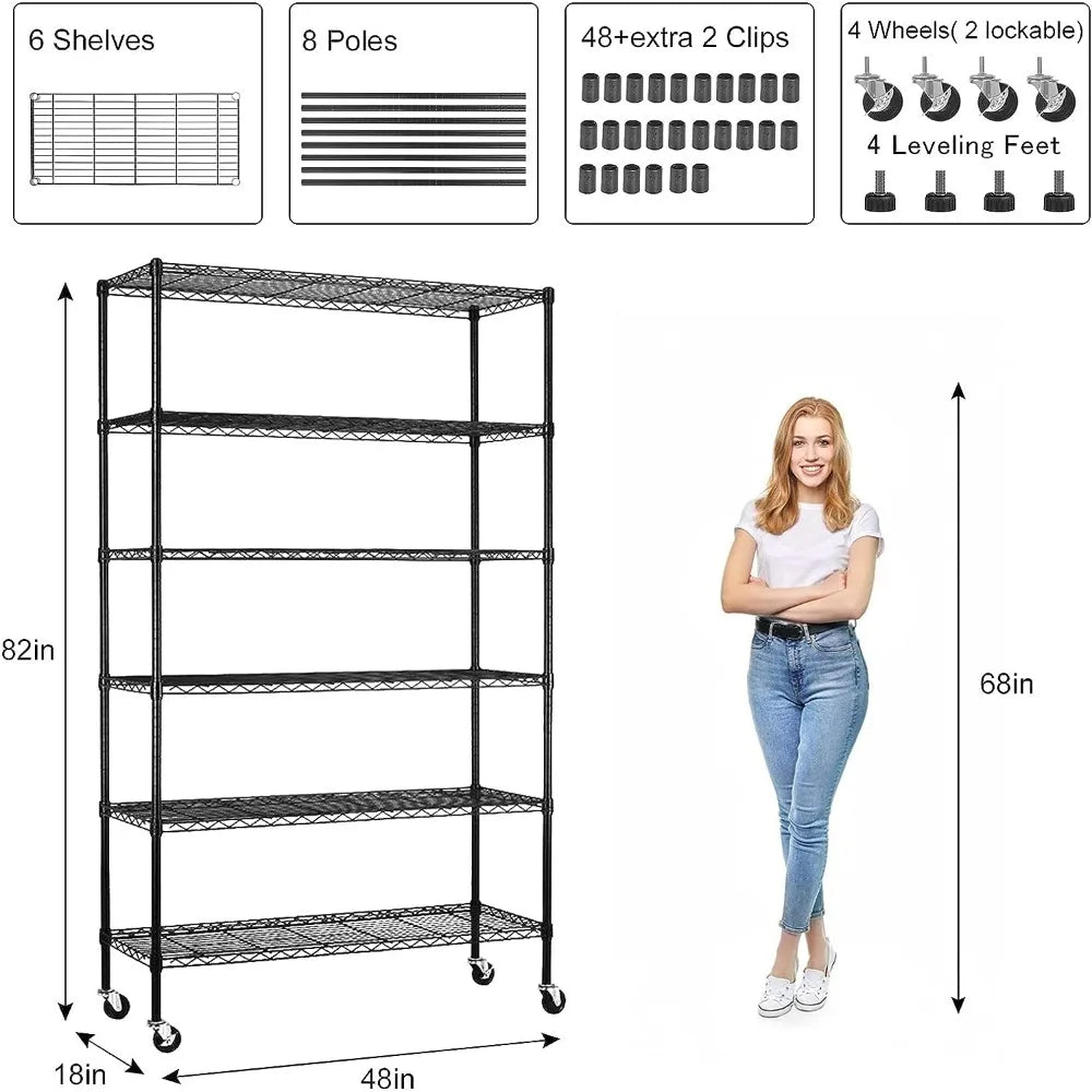 6-Tier Wire Shelving Unit Capacity Adjustable Storage Shelves Heavy Duty Storage Rack with Wheels NSF Metal Shelf