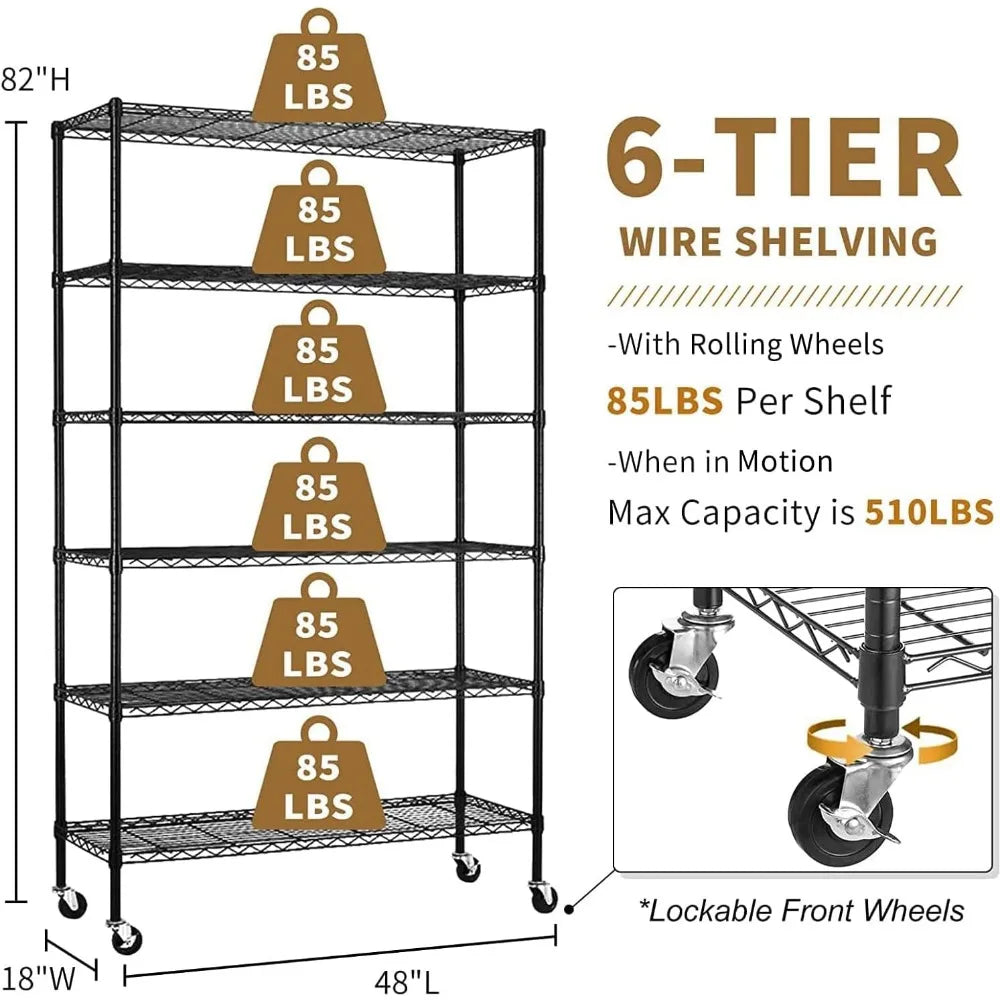 6-Tier Wire Shelving Unit Capacity Adjustable Storage Shelves Heavy Duty Storage Rack with Wheels NSF Metal Shelf