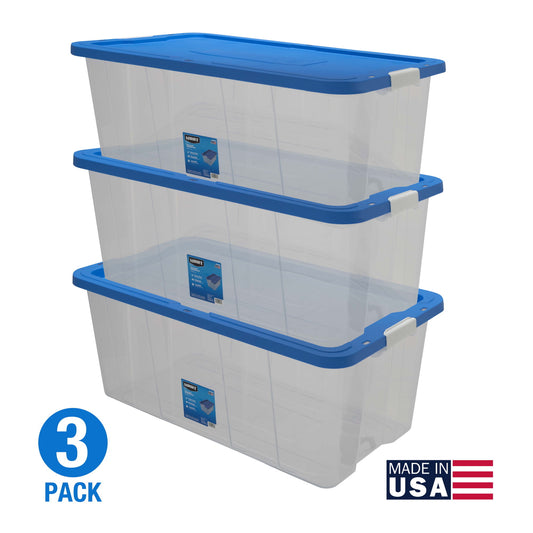 160 Quart Latching Plastic Storage Bin Container, Clear, Set of 3