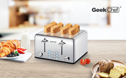 Geek Chef Stainless Steel Extra-Wide Slot Toaster - 4 Slice - Dual Control Panels - Bagel/Defrost/Cancel Function - Silver-Black