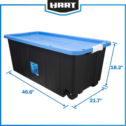 50 Gallon Rolling Plastic Storage Bin Container with Pull Handle, Black with Blue Lid, Set of 2