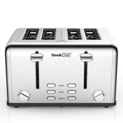 Geek Chef Stainless Steel Extra-Wide Slot Toaster - 4 Slice - Dual Control Panels - Bagel/Defrost/Cancel Function - Silver-Black