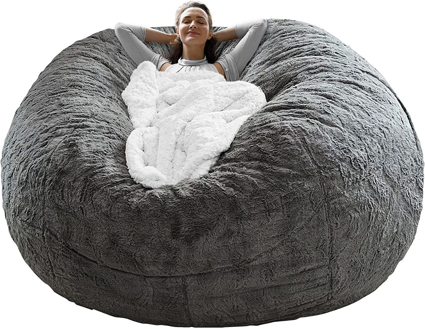 Elevate Your Comfort with our Chair Cushion Cover - Plush Round PV Velvet Sofa Bed Cover for Living Room Furniture - Lazy Sofa Bed Cover in Luxurious 6ft Dark Grey. Transform your seating experience with this Big, Soft, and Fluffy addition.