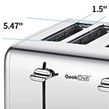 Geek Chef Stainless Steel Extra-Wide Slot Toaster - 4 Slice - Dual Control Panels - Bagel/Defrost/Cancel Function - Silver-Black