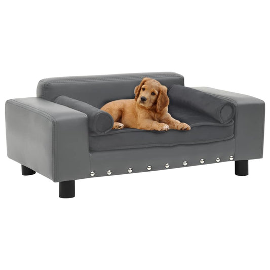 Gray Plush and Faux Leather Dog Sofa - Dimensions: 31.9" x 16.9" x 12.2"