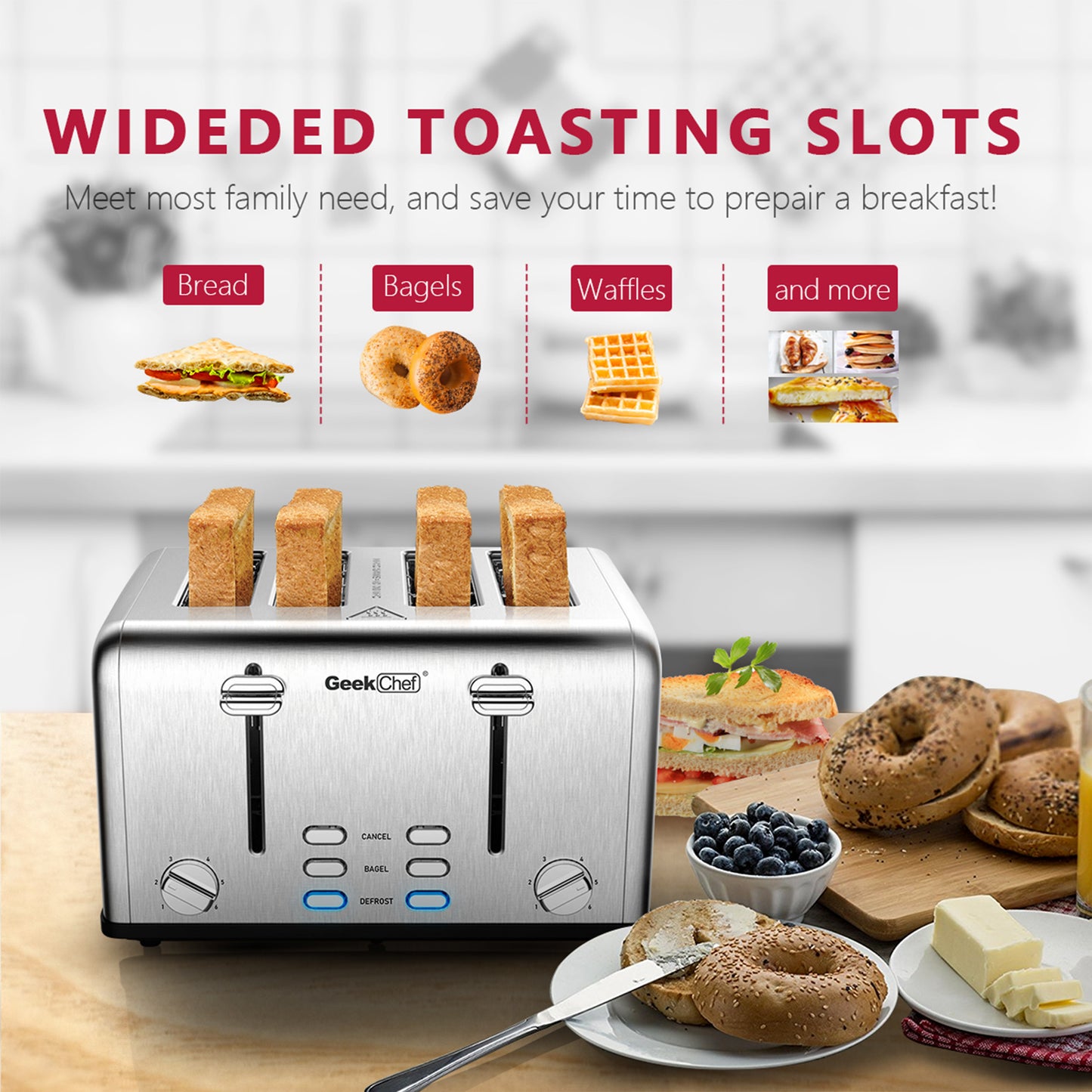 Geek Chef Stainless Steel Extra-Wide Slot Toaster - 4 Slice - Dual Control Panels - Bagel/Defrost/Cancel Function - Silver-Black