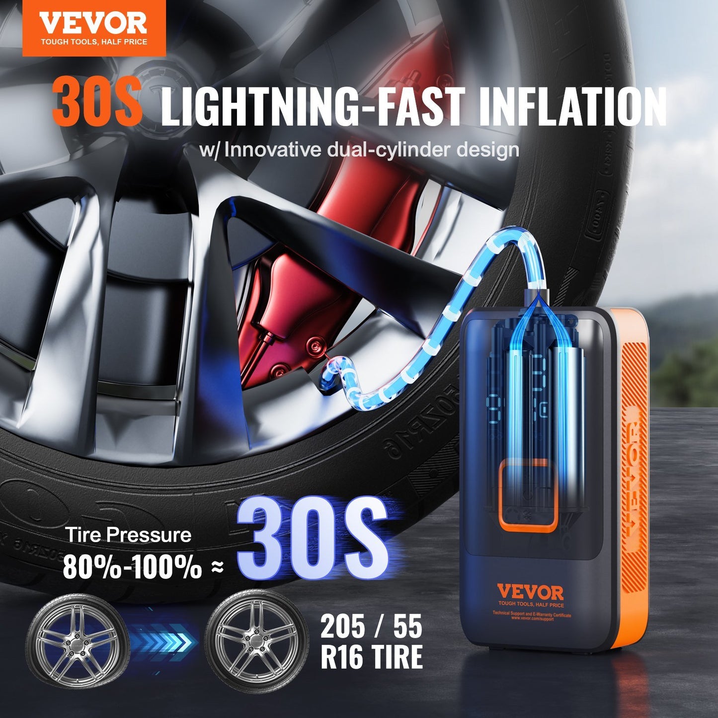 Portable Tire Inflator Air Compressor - Dual-Cylinder & 12000mAh Rechargeable Pump - Fast Inflation, Auto-Off, LCD Gauge, LED Light - Car Motorcycle Bike Bal