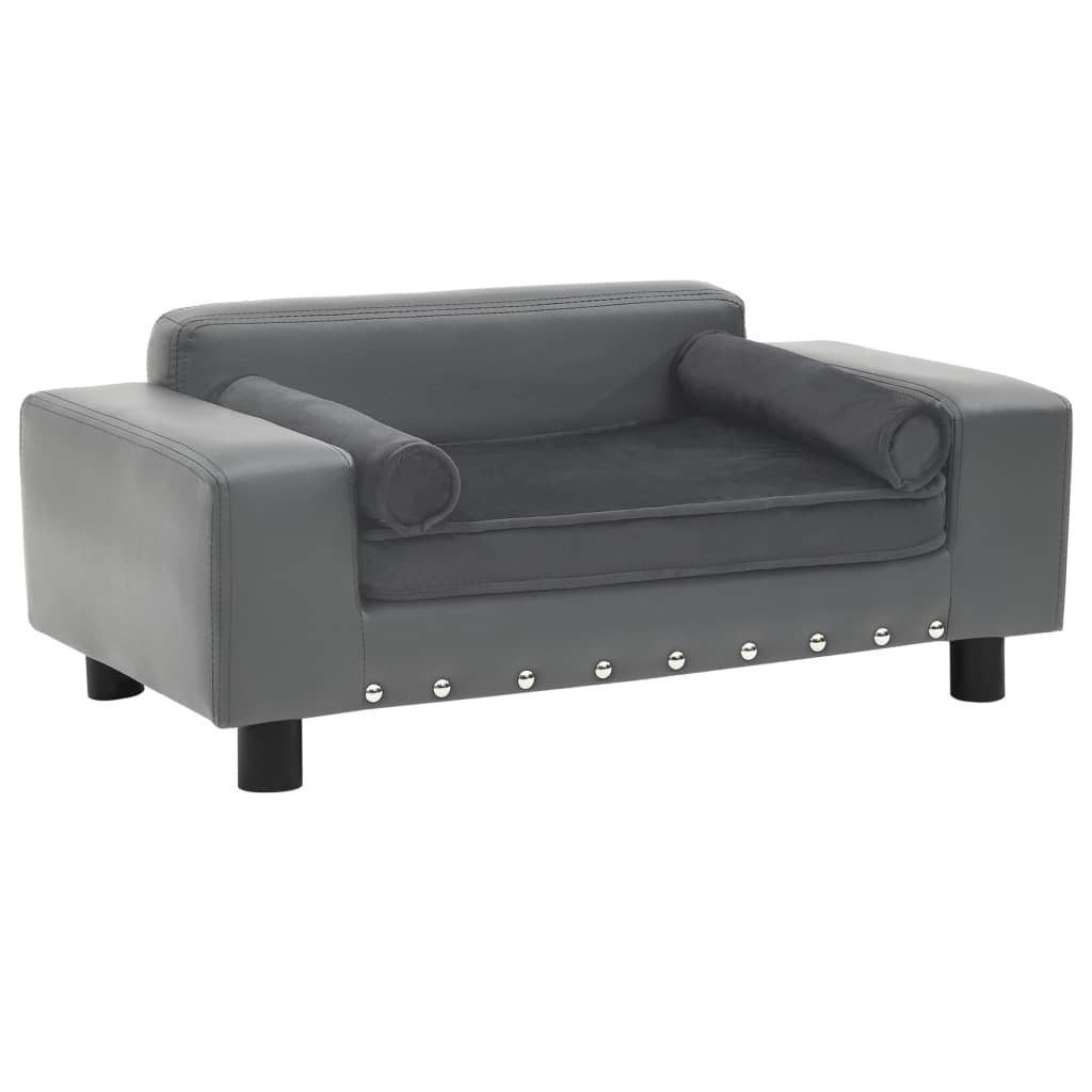 Gray Plush and Faux Leather Dog Sofa - Dimensions: 31.9" x 16.9" x 12.2"