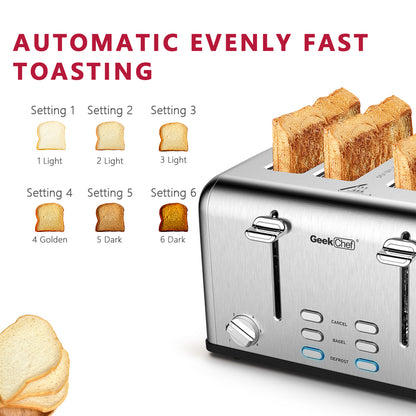 Geek Chef Stainless Steel Extra-Wide Slot Toaster - 4 Slice - Dual Control Panels - Bagel/Defrost/Cancel Function - Silver-Black