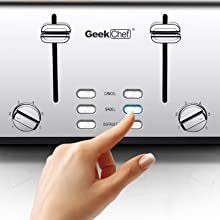 Geek Chef Stainless Steel Extra-Wide Slot Toaster - 4 Slice - Dual Control Panels - Bagel/Defrost/Cancel Function - Silver-Black