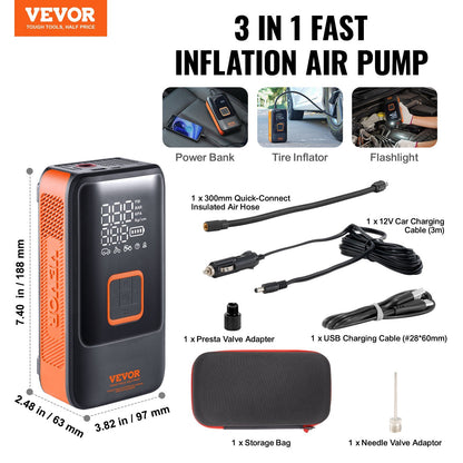 Portable Tire Inflator Air Compressor - Dual-Cylinder & 12000mAh Rechargeable Pump - Fast Inflation, Auto-Off, LCD Gauge, LED Light - Car Motorcycle Bike Bal