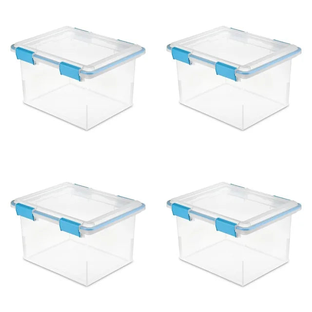 Sterilite 32 Quart Gasket Box - Clear Base and Lid, Blue Aquarium (Set of 4)