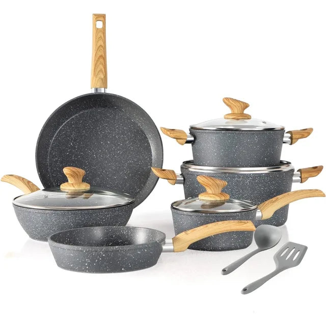 Kitchen Academy Induction Cookware Sets - 12 Piece Granite Black Nonstick Cooking Pan Set